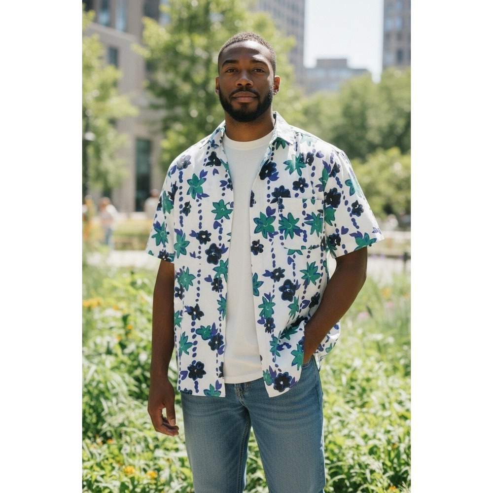 VTG‎ Pro Spirit Floral Button Shirt Mens L Blue Green Cotton Short Sleeve Beach